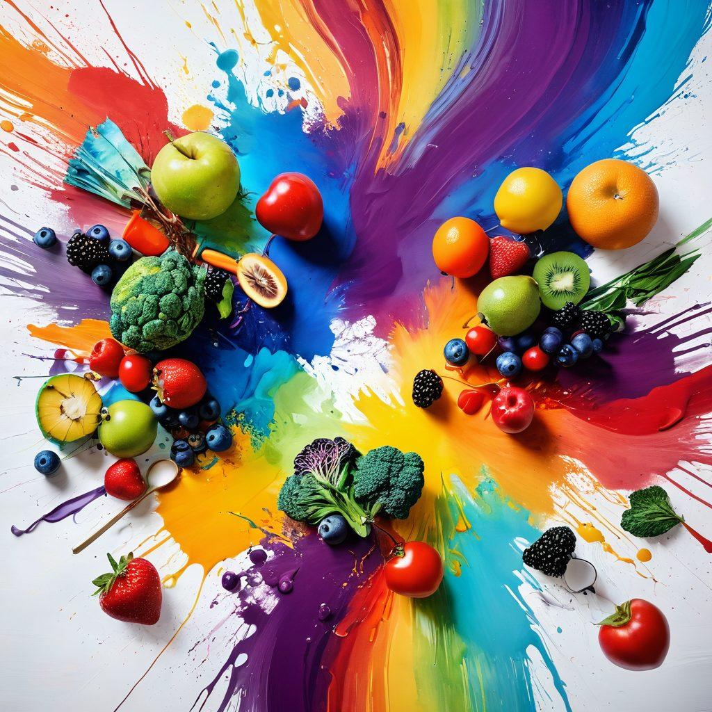 A vibrant kitchen scene transitioning into an abstract canvas, with colorful ingredients like fruits and vegetables morphing into brush strokes and paint splashes. A painter's palette placed on a countertop with splattered paint colors, blending culinary and artistic expressions. Soft natural lighting enhances the textures of both food and art, creating a harmonious flow from one realm to another. artistic surrealism. vibrant colors. soft focus.
