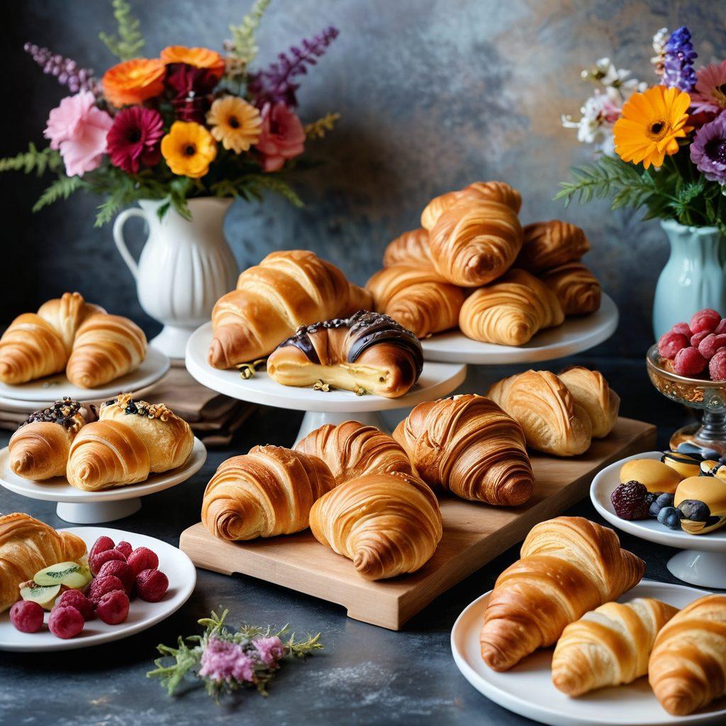 A beautifully arranged pastry display featuring a variety of curvy, elegant pastries like croissants, éclairs, and tarts, artistically drizzled with colorful icing. The background is adorned with delicate floral elements, adding a touch of nature's beauty. Soft, warm lighting enhances the rich textures and appetizing colors of the pastries. There's a subtle hint of a chef's tools in the corner, symbolizing the art of pastry-making. hyper-realistic. vibrant colors. soft focus.