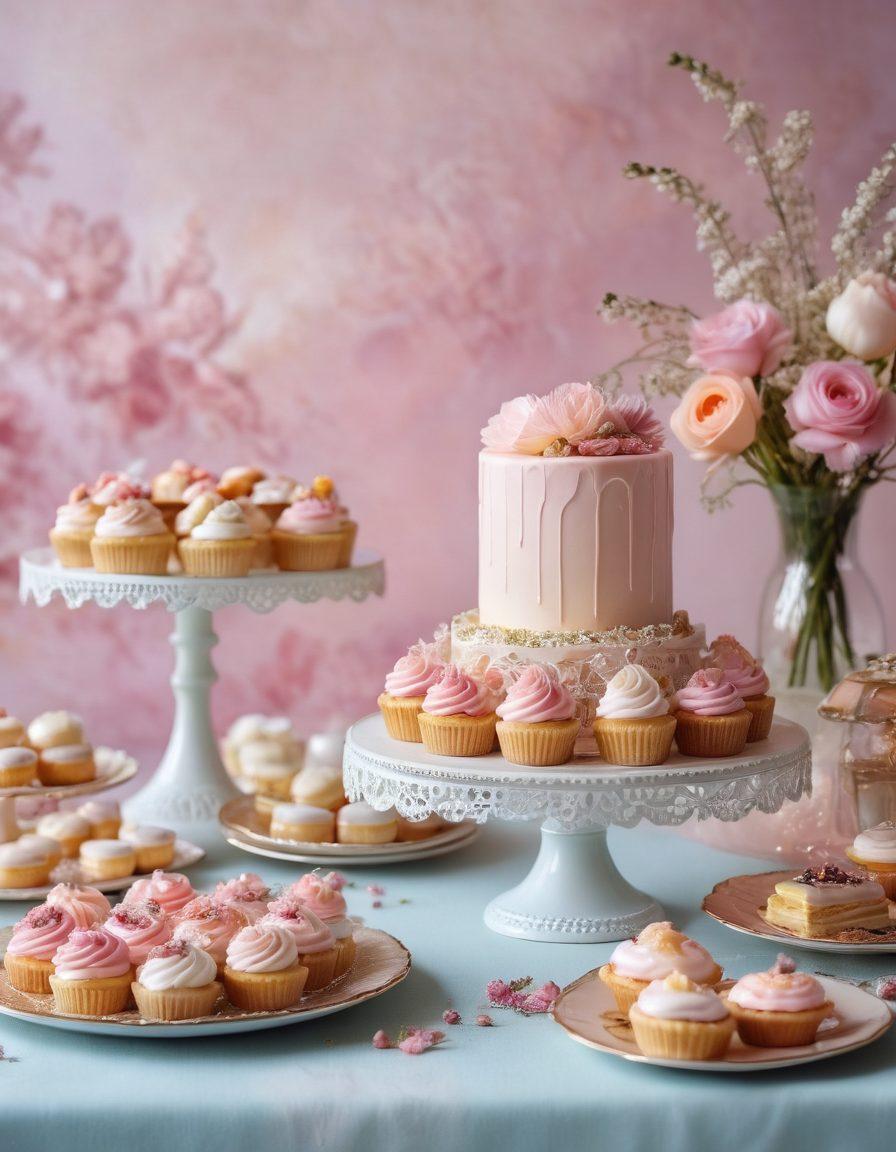 A beautifully arranged dessert table showcasing extravagant pastries and confectionery art, incorporating delicate floral decorations and feminine touches like lace and pastel colors. Include sparkling accents like edible glitter and elegant tableware, all set against a soft, dreamy backdrop. This scene should evoke a sense of indulgence and creativity in food art. super-realistic. vibrant colors. soft focus.